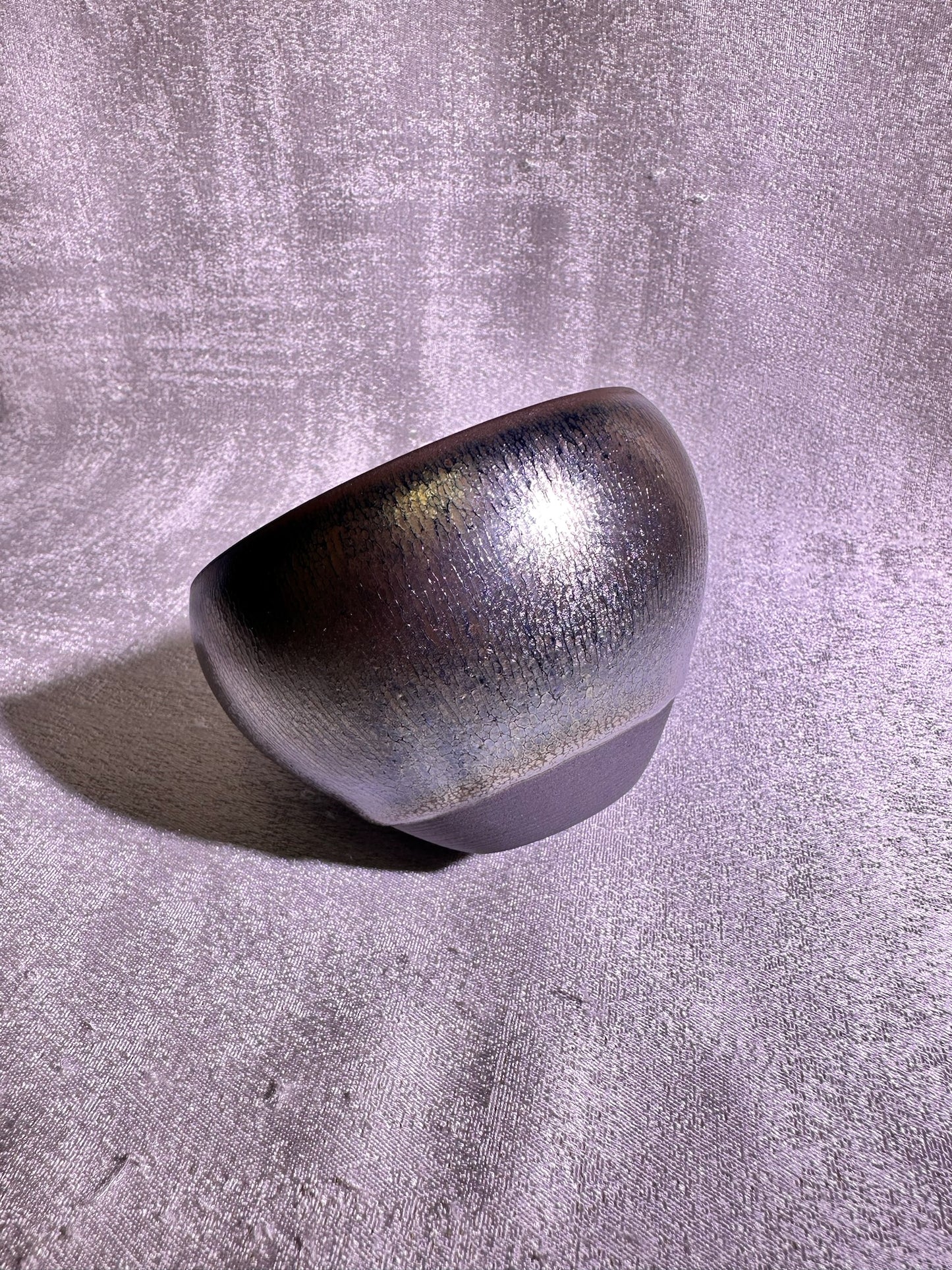 Cup22-Black glaze silver oil droplet hare’s fur pattern iridescent color monk bowl shape cap by YeShiMing
