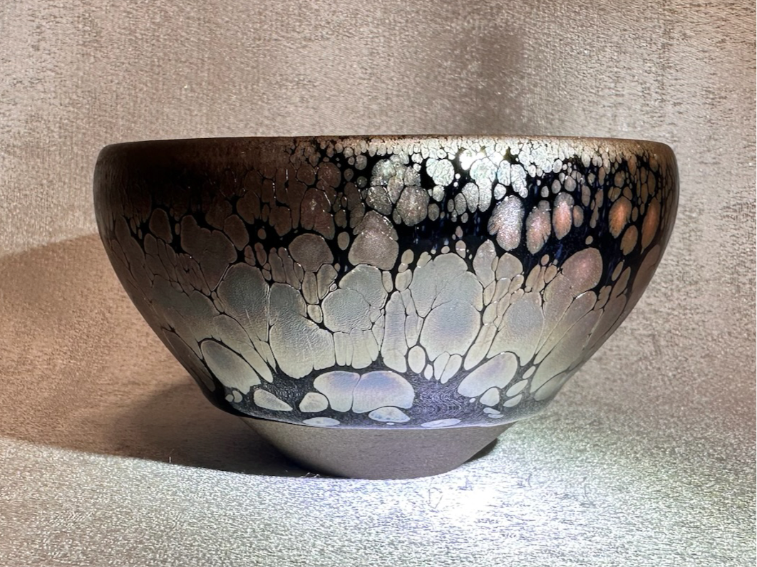 Black glaze metallic rose gold oil droplet flower pattern footless monk bowl shape cup, NiTing