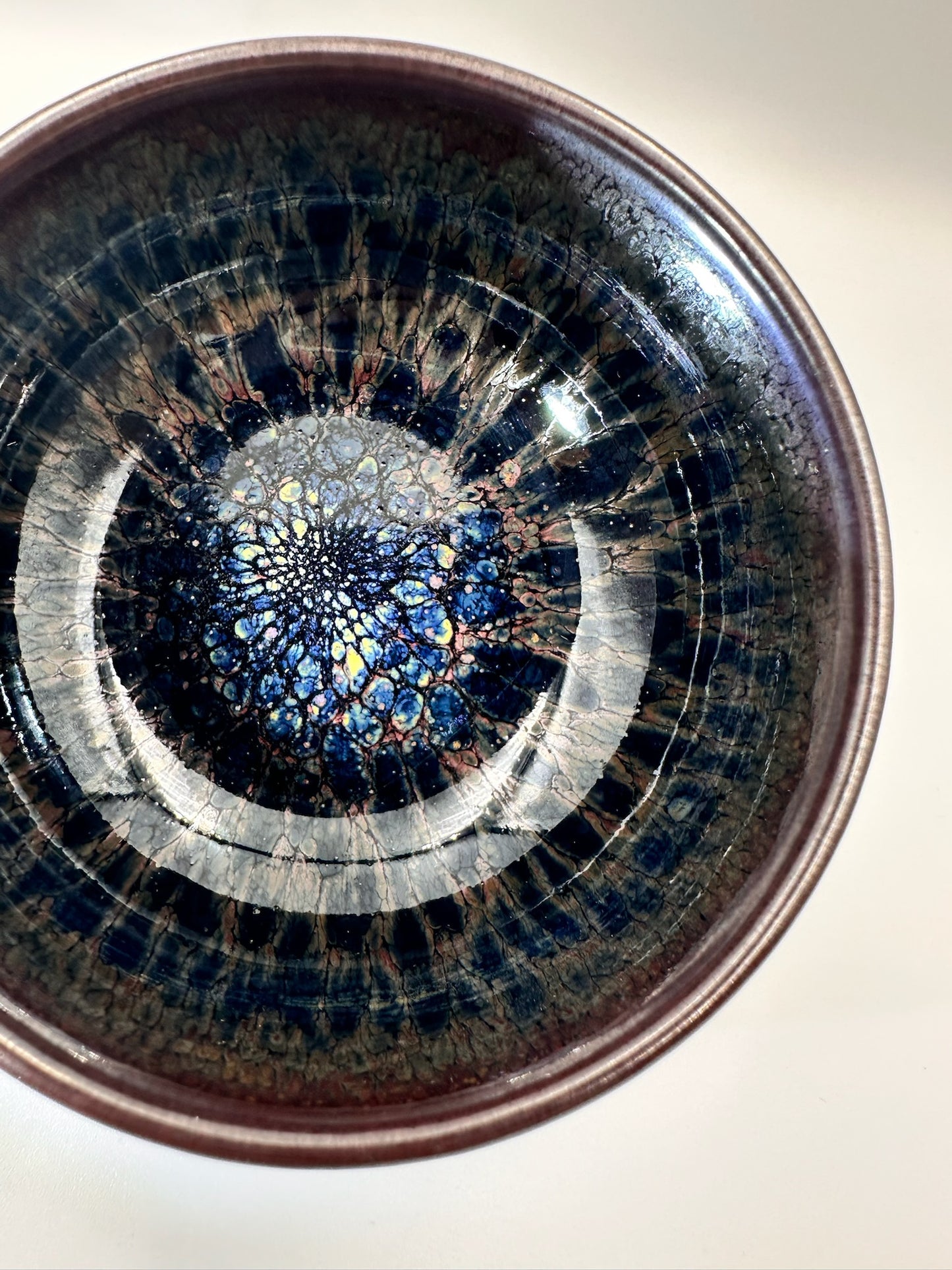 Black glaze kiln transformed multi-colored partridge pattern zen bowl shape cup with 5 glaze drips, LiuYouLiang