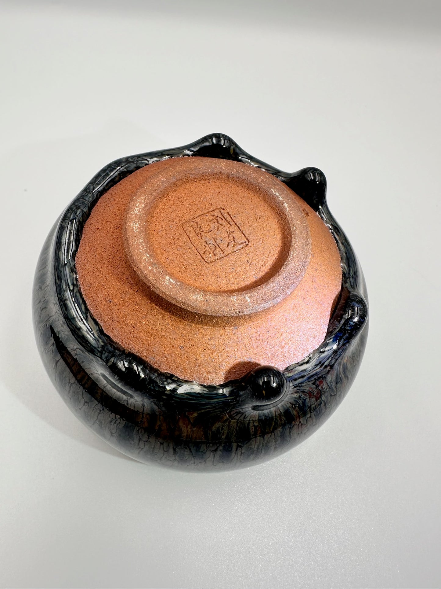 Black glaze kiln transformed multi-colored partridge pattern zen bowl shape cup with 5 glaze drips, LiuYouLiang
