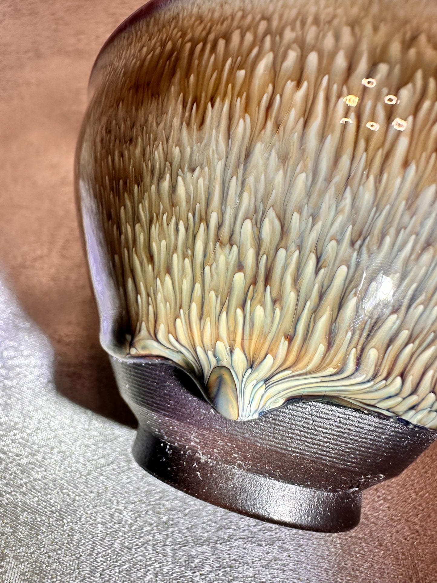Brown glaze white peony pattern ox-blood red rim tied mouth shape cup