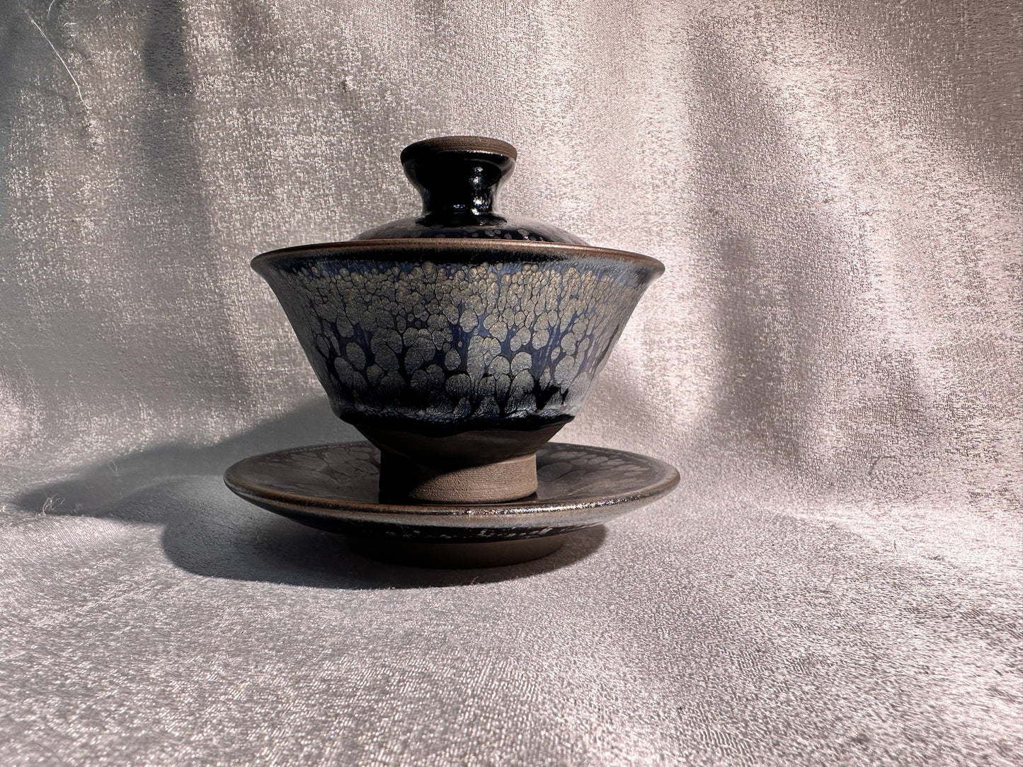 National Treasure Peony, black glaze silver oil droplet peony pattern 3-piece Gadiwan set