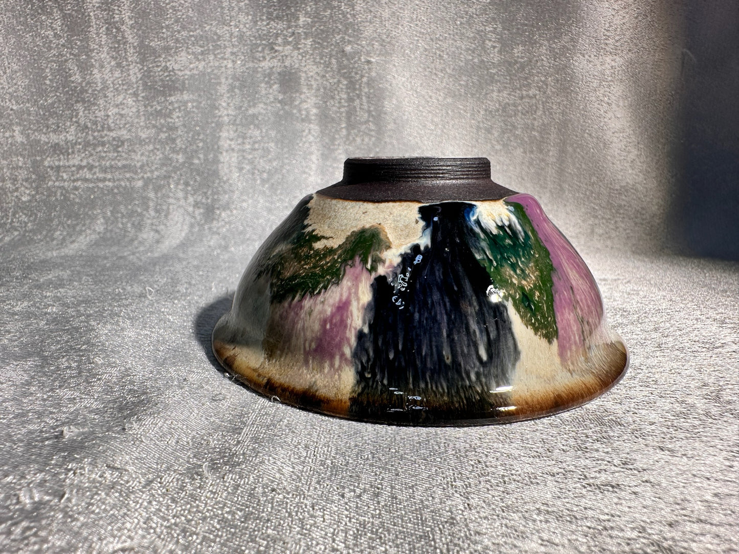 Purple green magenta mountain river scenery glaze official’s hat shape cup by YouChao