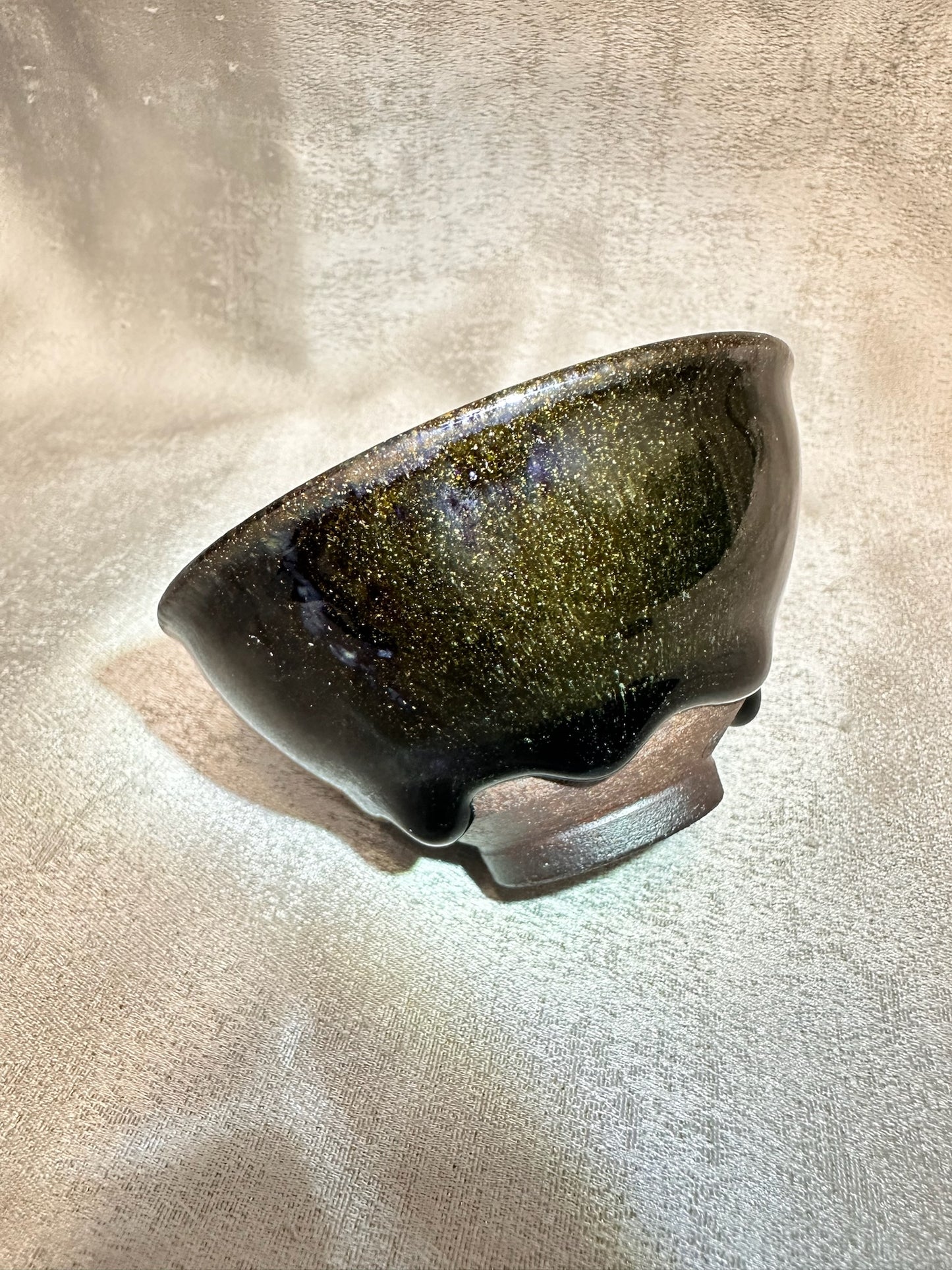 Black glaze kiln transformed golden sands blue hare’s fur pattern tied mouth shape cup with glaze tears, drippy