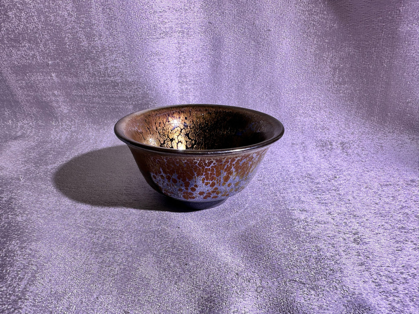 Cup3-Mirror-like silver glaze orange yellow golden oil droplets and hare’s fur pattern palace bowl shape cup, Yongle handpress cup