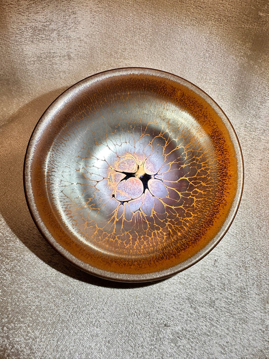 Ox-blood red glaze orange partridge feather pattern palace bowl shape cup by YeBin