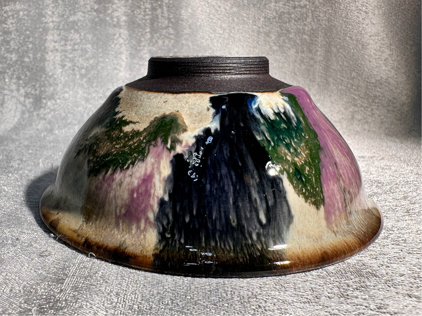 Purple green magenta mountain river scenery glaze official’s hat shape cup by YouChao