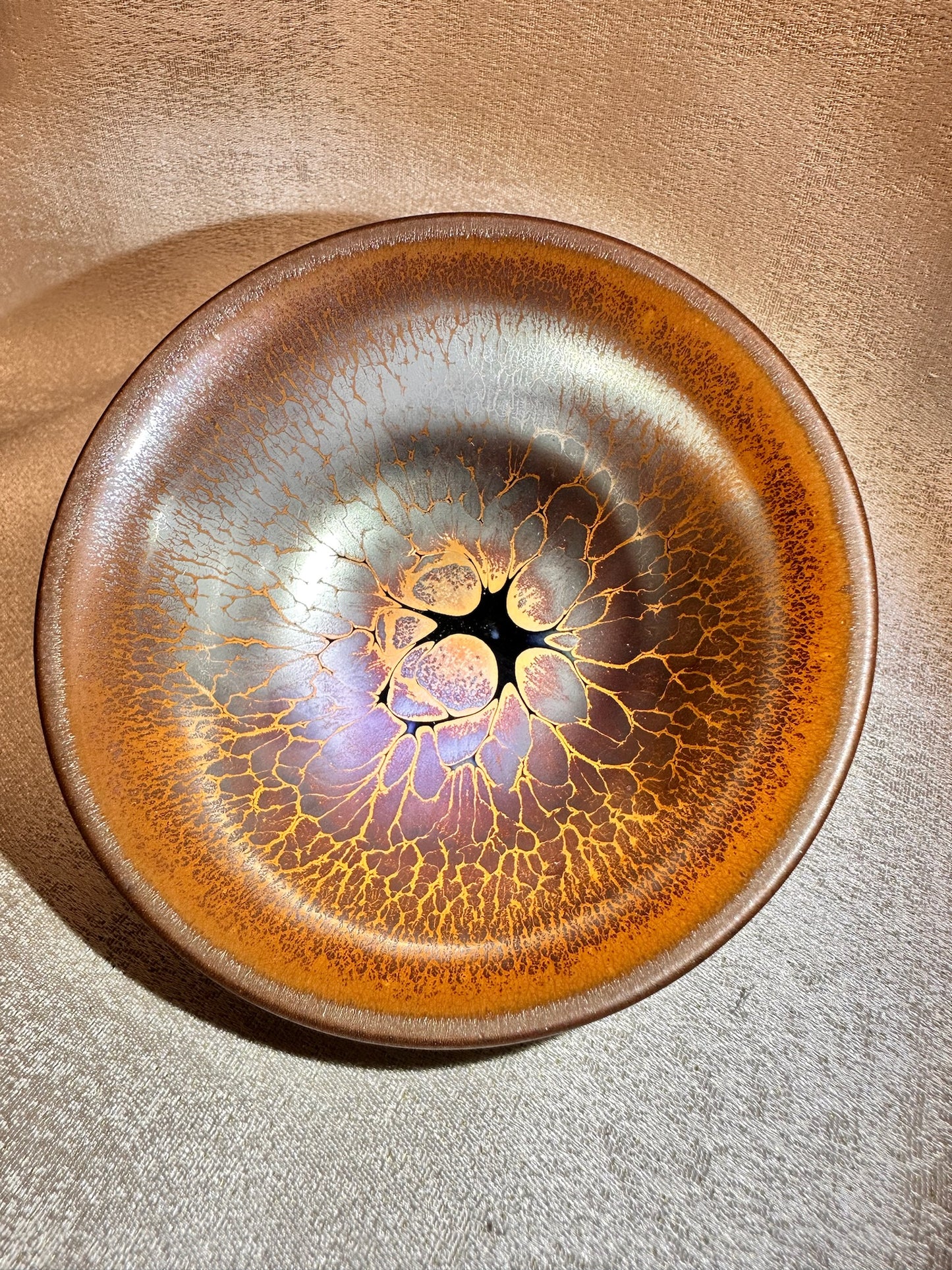 Ox-blood red glaze orange partridge feather pattern palace bowl shape cup by YeBin