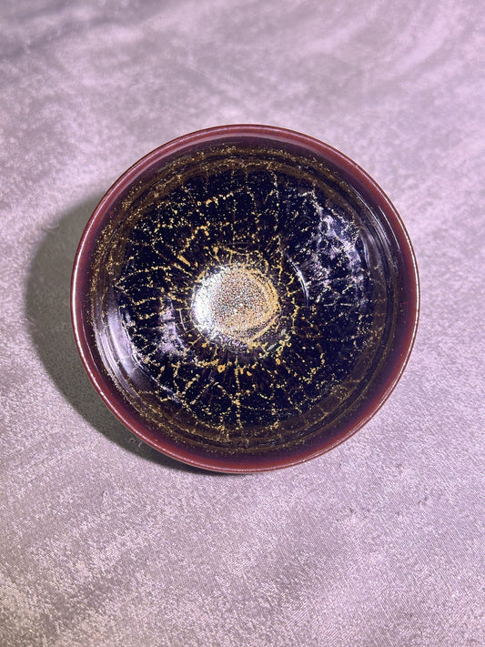 Cup2-Black golden glaze with brown hare’s fur and golden thread pattern, ox-blood rim tied-mouth shape cup