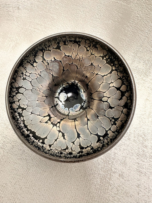 Black glaze metallic rose gold oil droplet flower pattern footless monk bowl shape cup, NiTing