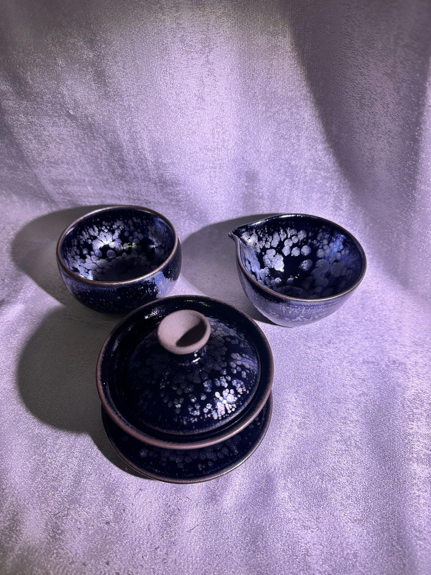National Treasure Peony, black glaze silver oil droplet peony pattern 3-piece Gadiwan set