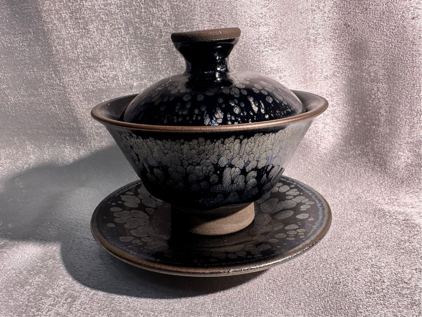 National Treasure Peony, black glaze silver oil droplet peony pattern 3-piece Gadiwan set