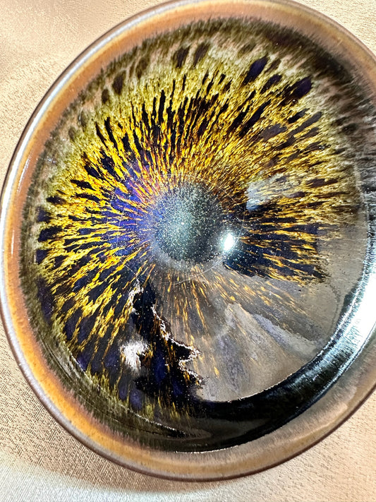 Black glaze kiln transformed multi color hare’s fur, tied mouth shape cup, JinChangXing