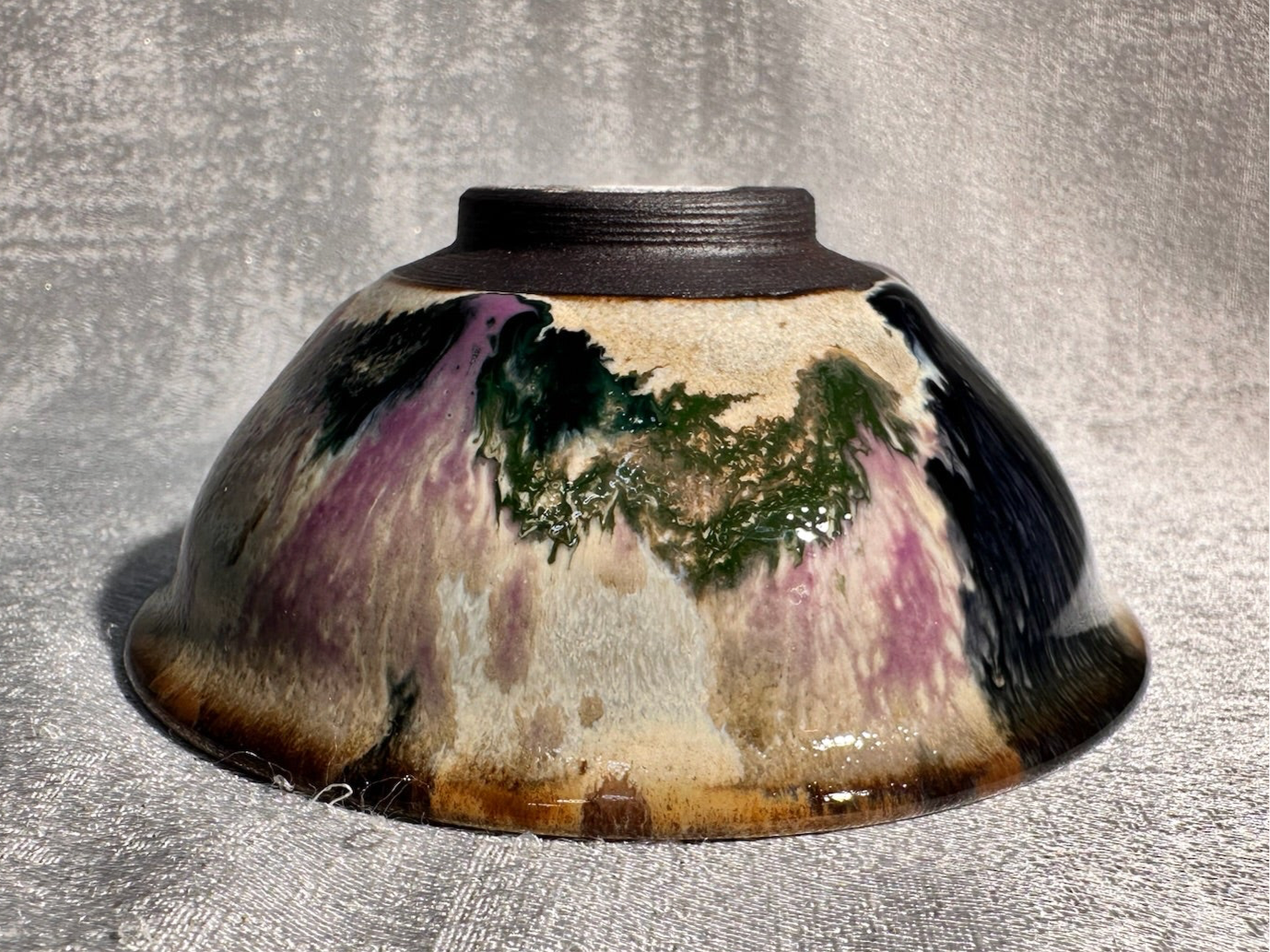 Purple green magenta mountain river scenery glaze official’s hat shape cup by YouChao