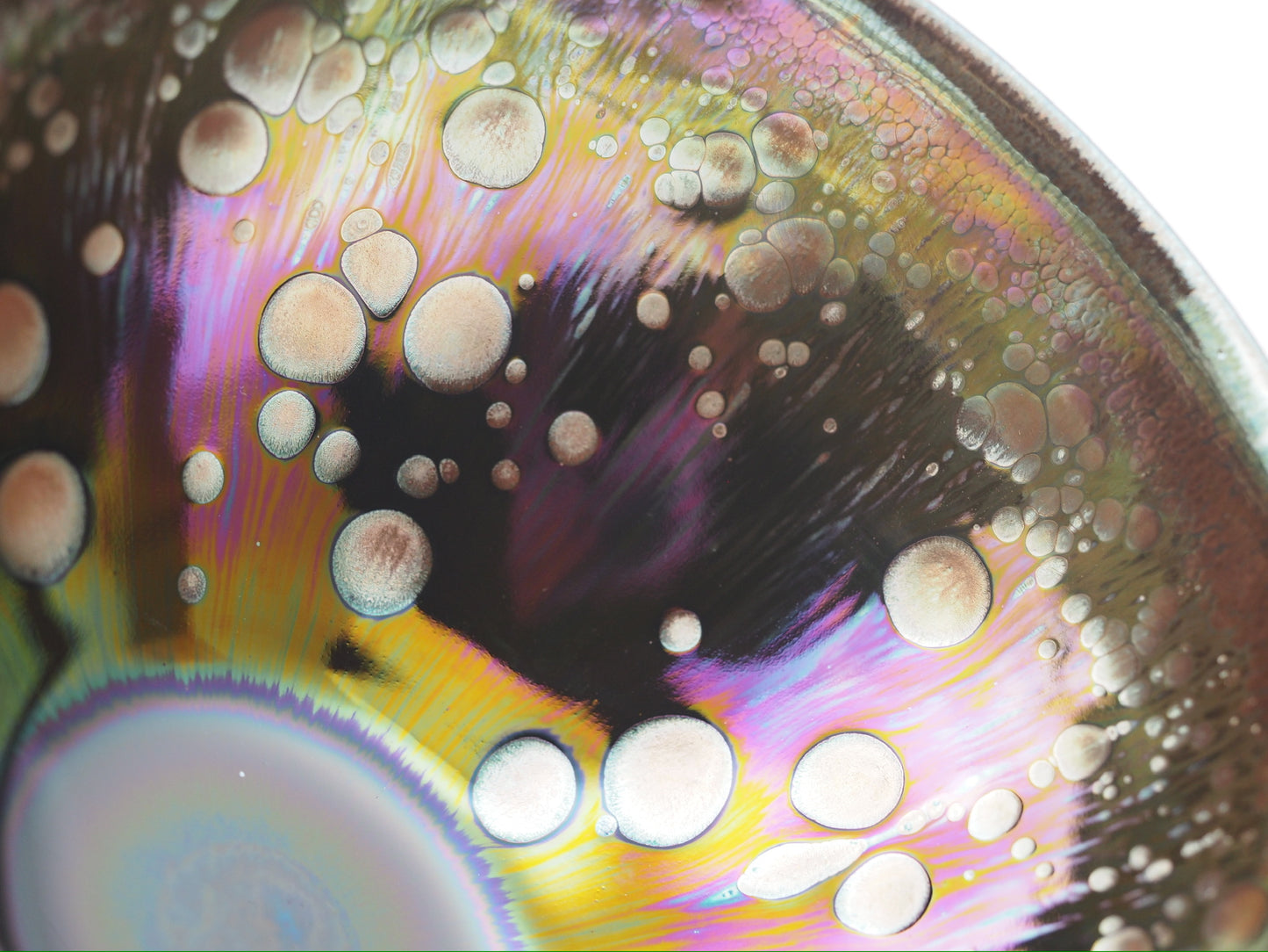 Multi color galaxy-like yohen glaze tied mouth Diancha tea bowl with one glaze tear drop