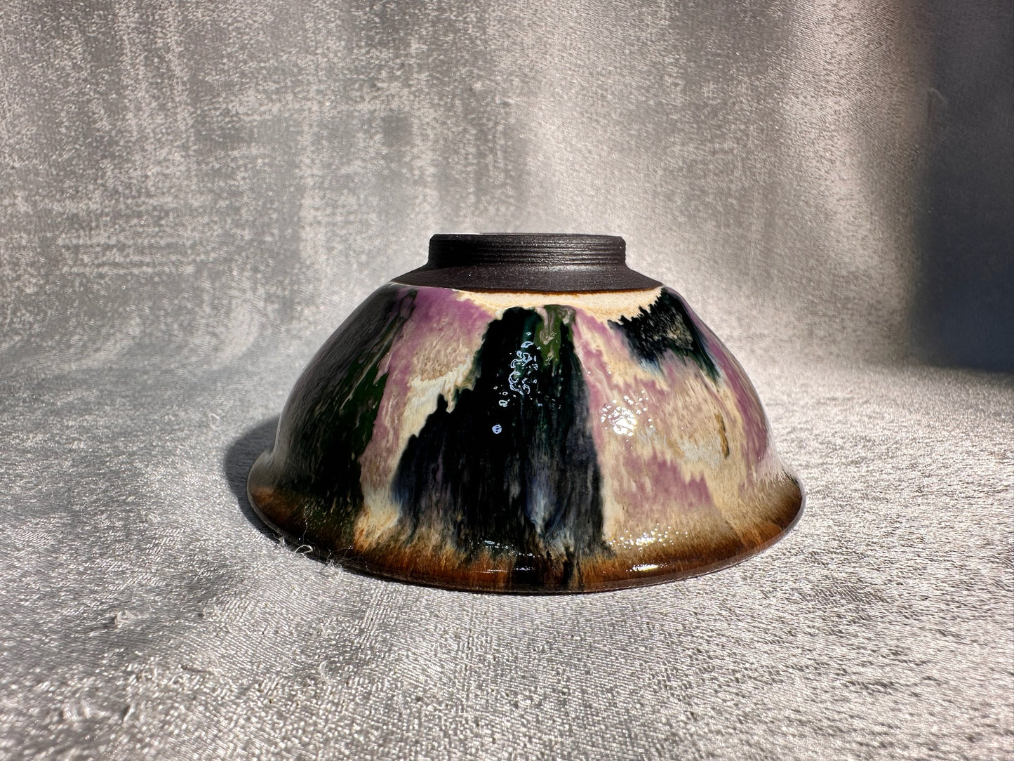Purple green magenta mountain river scenery glaze official’s hat shape cup by YouChao