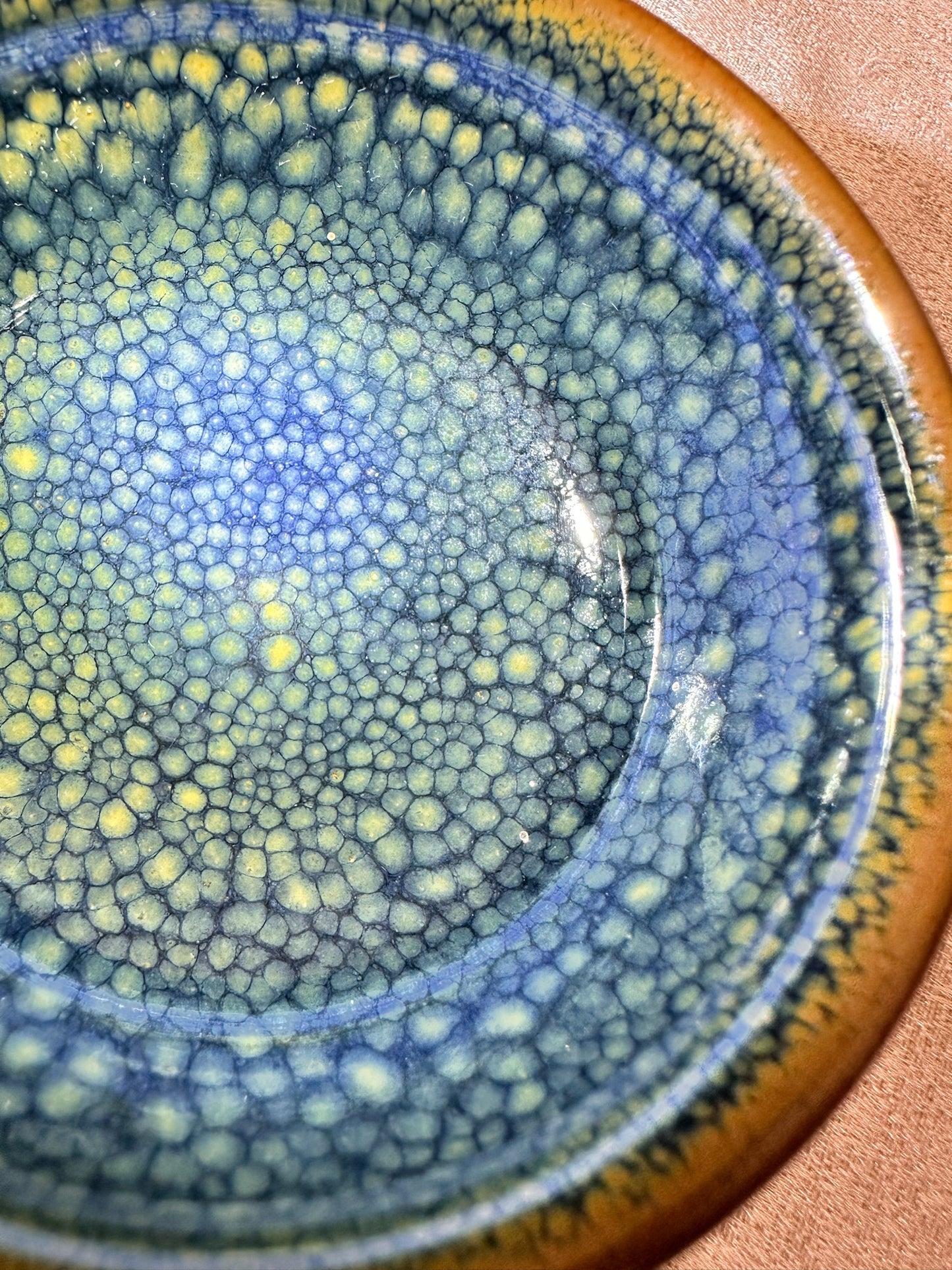 Blue-green glaze yellow partridge feather pattern golden rim zen bowl shape cup
