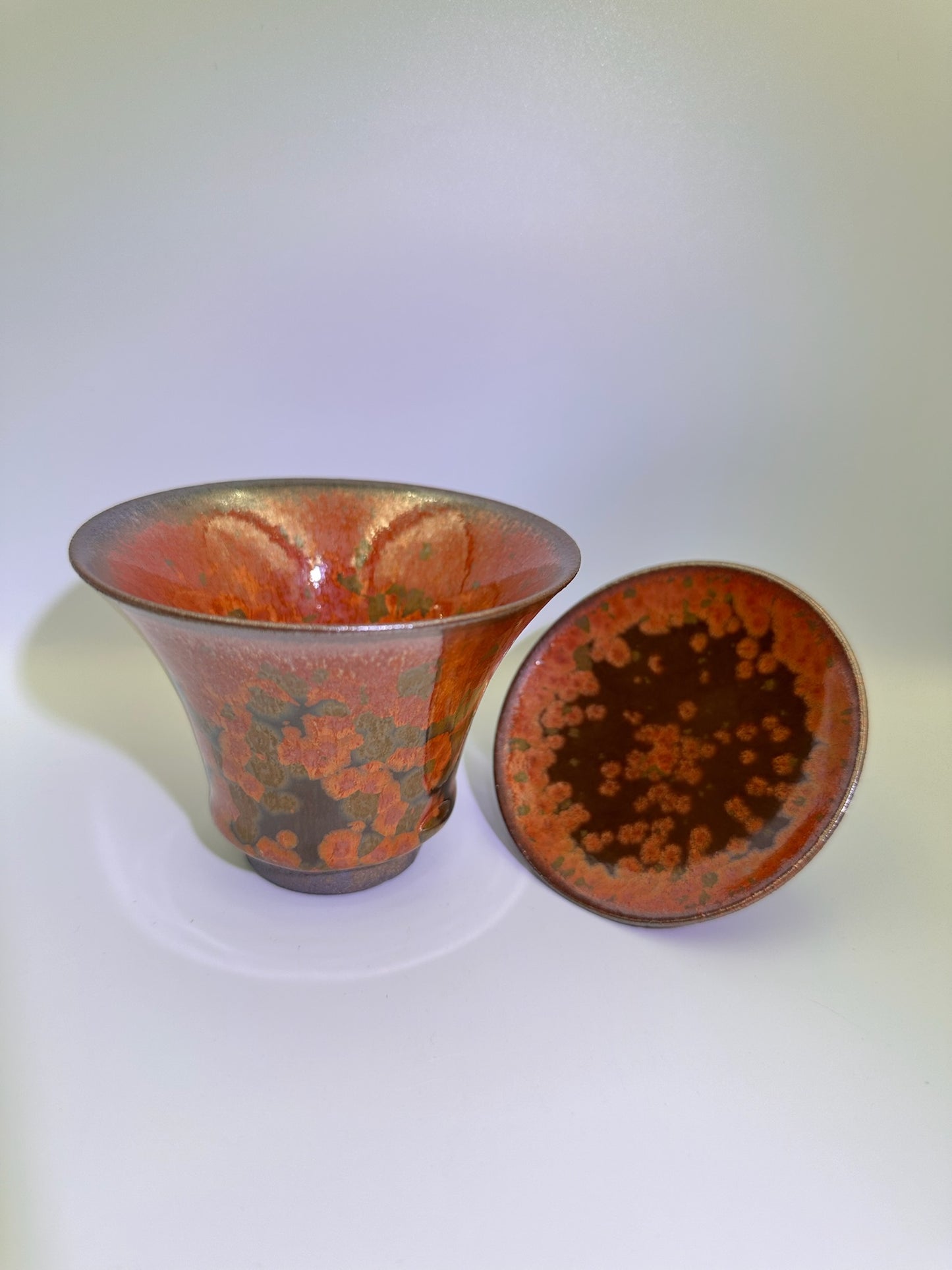 Brown glaze fire phoenix pattern red oil droplet pattern, thin clay body 2-piece Gaiwan set