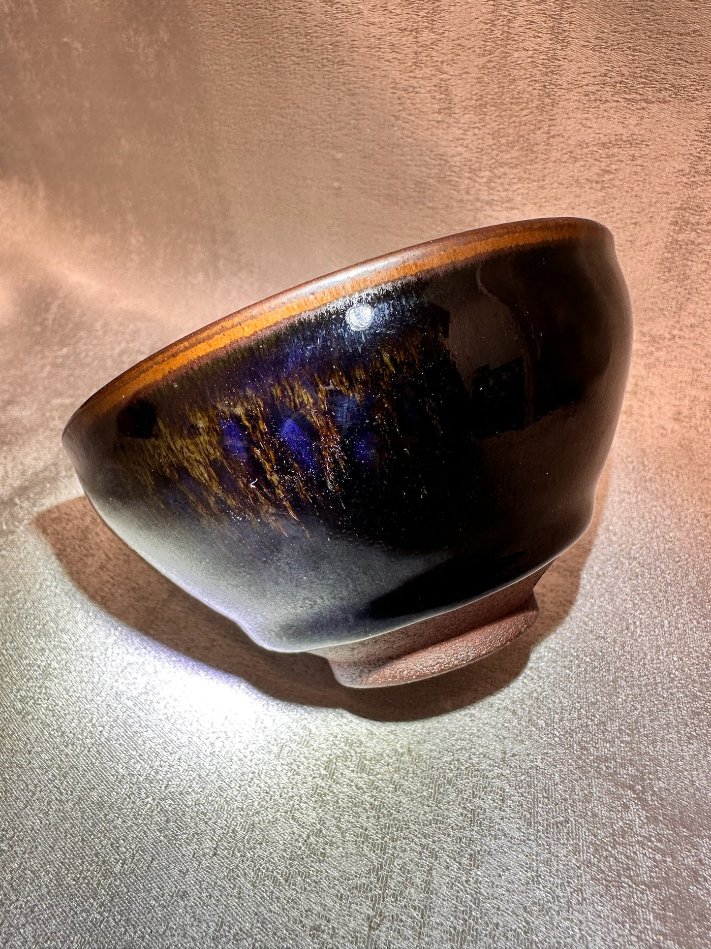 Black glaze kiln transformed multi color hare’s fur, tied mouth shape cup, JinChangXing