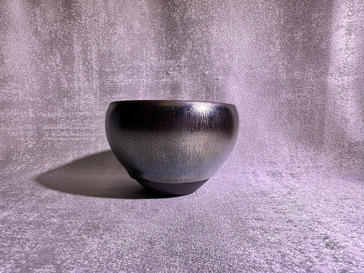 Cup22-Black glaze silver oil droplet hare’s fur pattern iridescent color monk bowl shape cap by YeShiMing