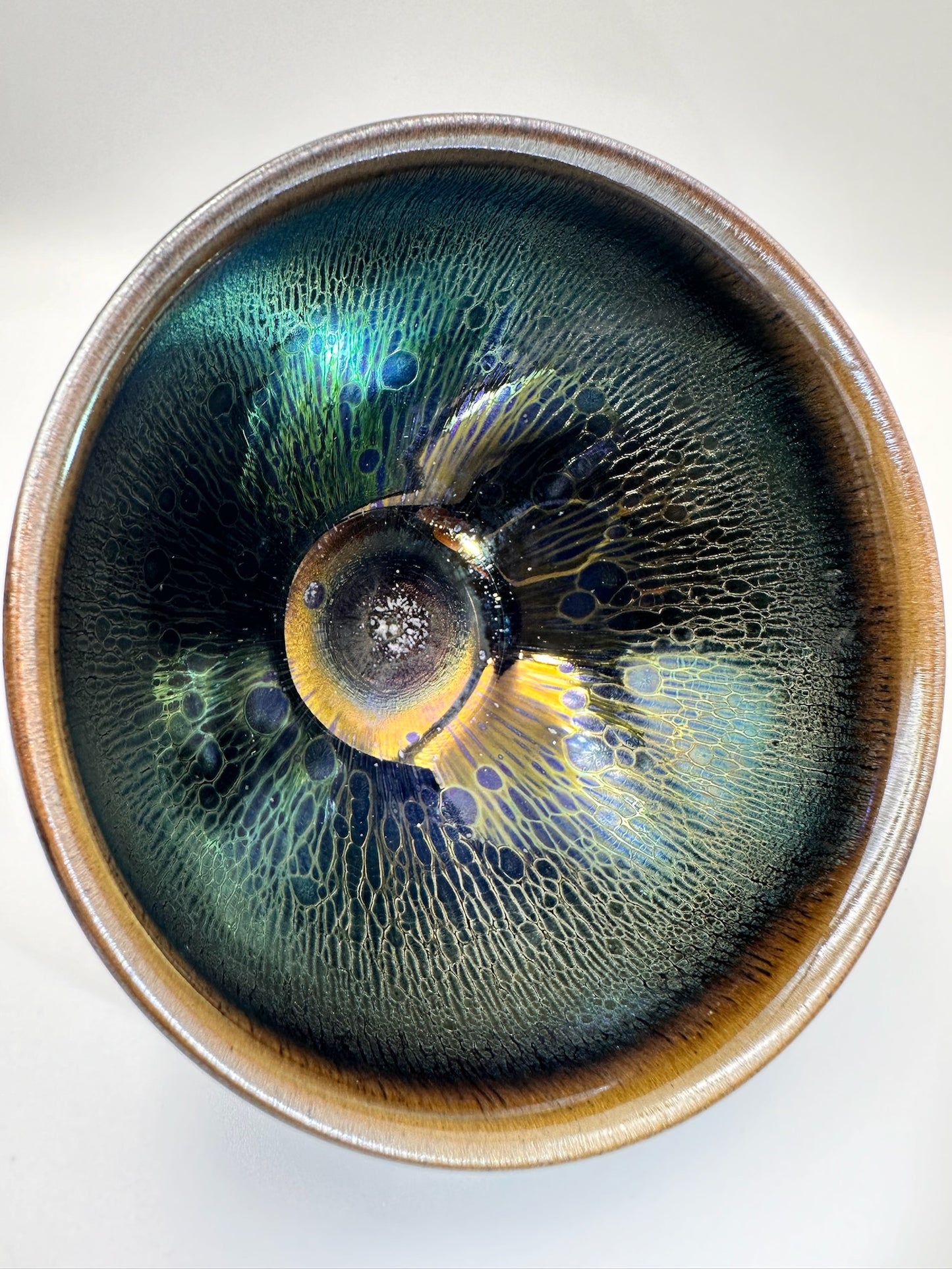 Black glaze green hare’s fur and oil droplet pattern tied mouth shape cup, LiuYouLiang