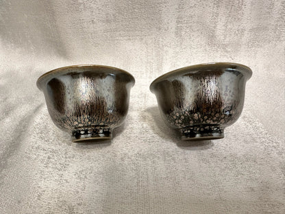 Double sided glaze, interior jade-like glaze exterior black glaze silver oil droplet tea cup set, YouBinFu