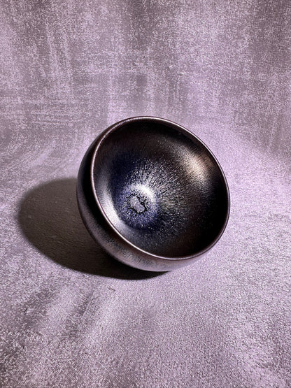 Cup22-Black glaze silver oil droplet hare’s fur pattern iridescent color monk bowl shape cap by YeShiMing