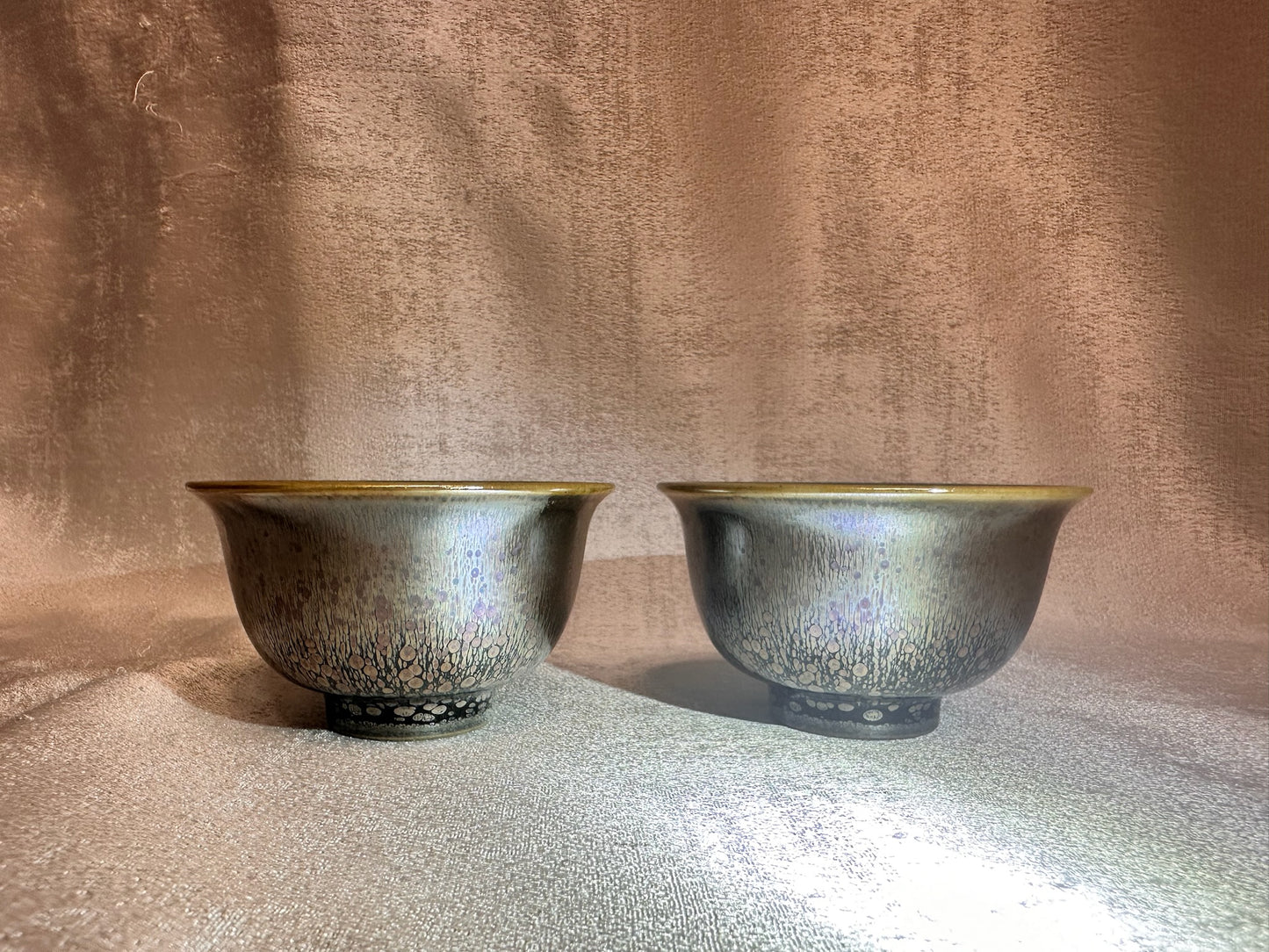 Double sided glaze, interior jade-like glaze exterior black glaze silver oil droplet tea cup set, YouBinFu