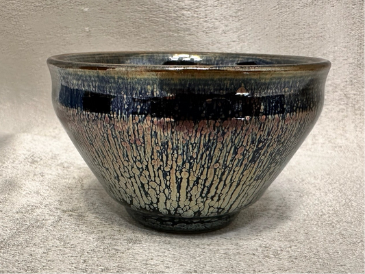 Black gold glaze rose gold multi colored oil droplet pattern tied mouth shape cup