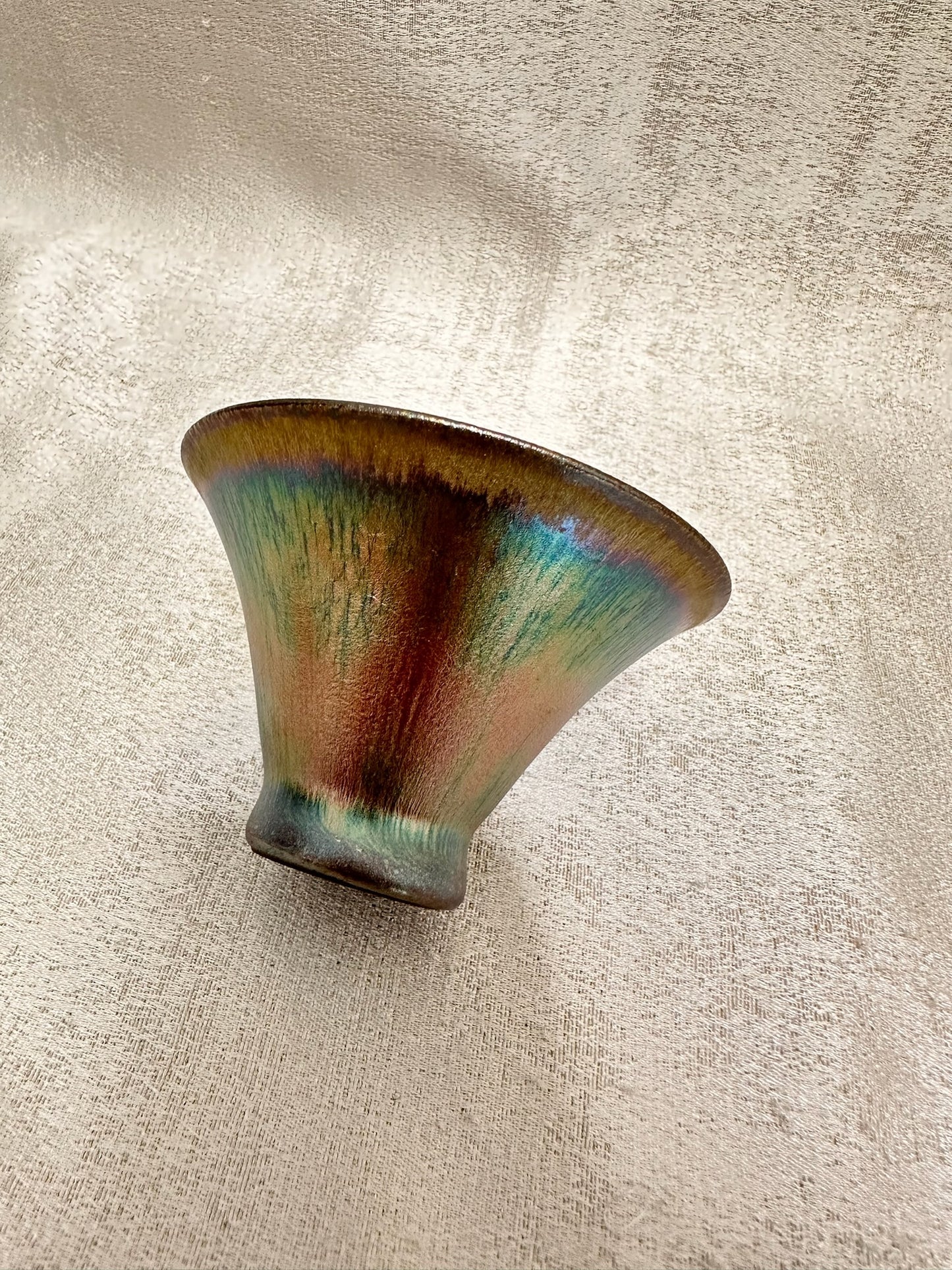 Super thin iron-rich clay body, rose gold glaze multi colored hare’s fur flared mouth shape cup