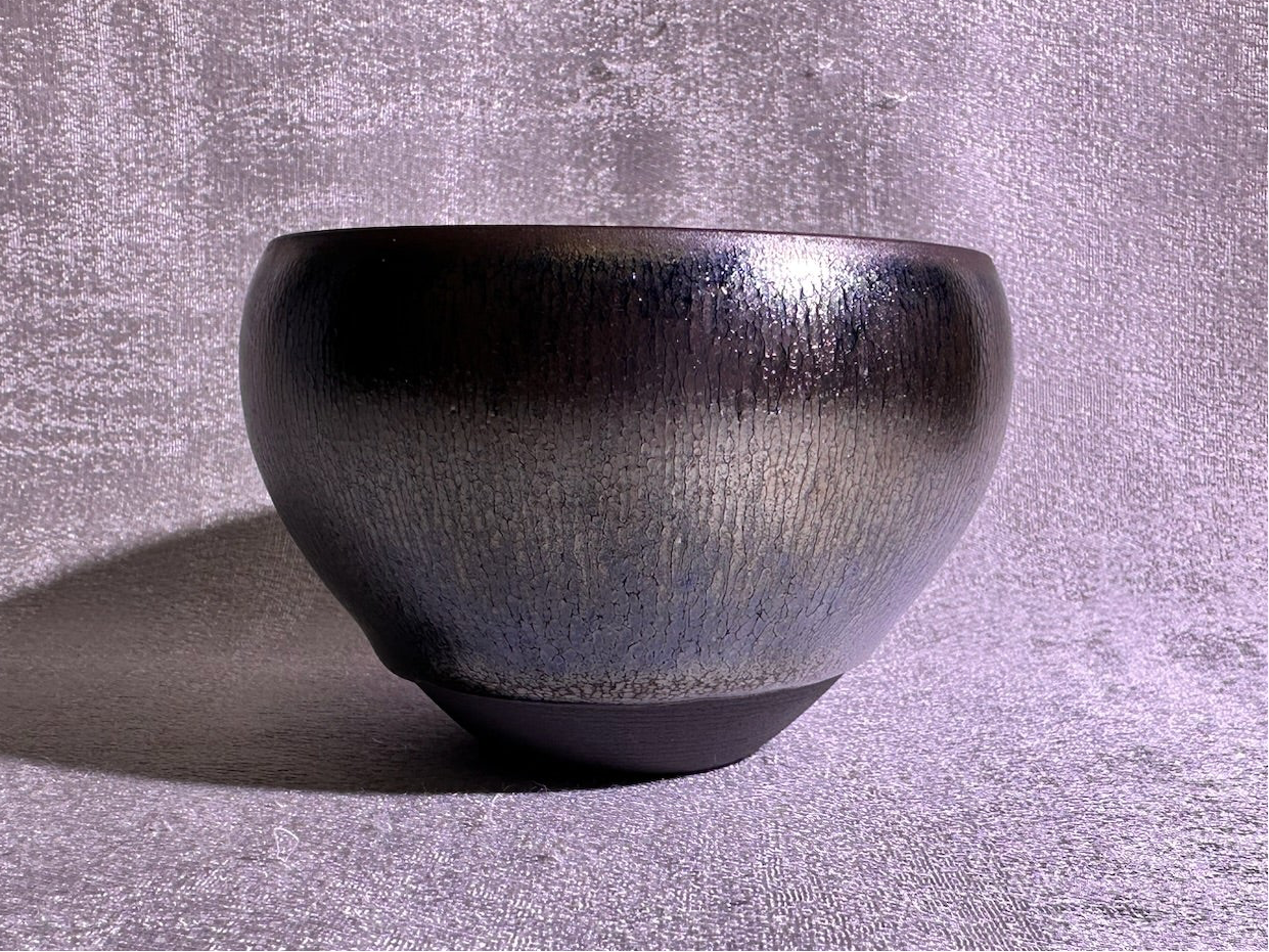 Cup22-Black glaze silver oil droplet hare’s fur pattern iridescent color monk bowl shape cap by YeShiMing