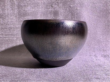 Cup22-Black glaze silver oil droplet hare’s fur pattern iridescent color monk bowl shape cap by YeShiMing