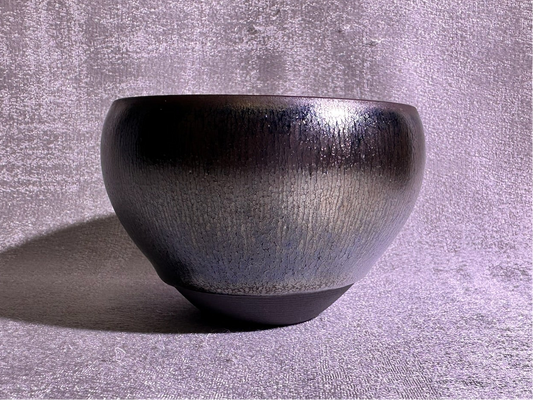 Cup22-Black glaze silver oil droplet hare’s fur pattern iridescent color monk bowl shape cap by YeShiMing