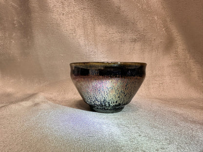 Black gold glaze rose gold multi colored oil droplet pattern tied mouth shape cup