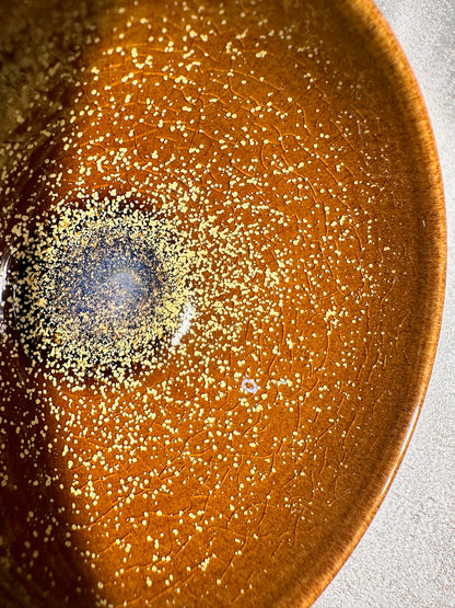 Cup1-Brown jade-like glaze daisy oil droplets pattern ice crackles monk bowl shape cup 古潭花 by WangZhangLiang