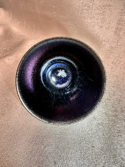 Super thin iron-rich clay body, obsidian glaze black hare’s fur flared mouth shape cup