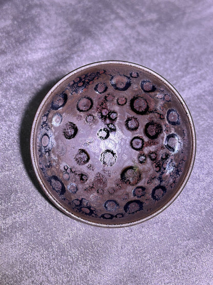 Cup10-Ox-blood red glaze with strong crystalized heaven eyes spots pattern flat mouth shape cut