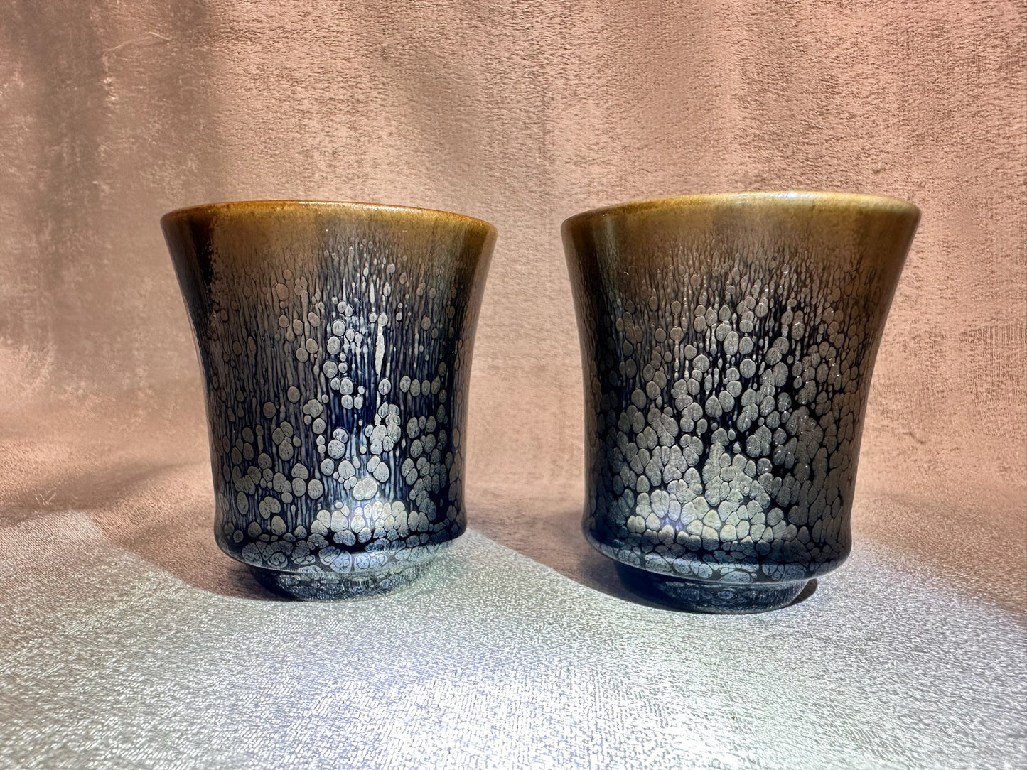 Double sided glaze, interior jade-like glaze exterior black glaze silver oil droplet sake wine cup set