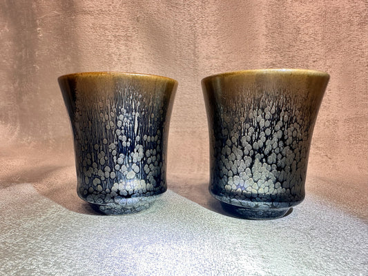 Double sided glaze, interior jade-like glaze exterior black glaze silver oil droplet sake wine cup set