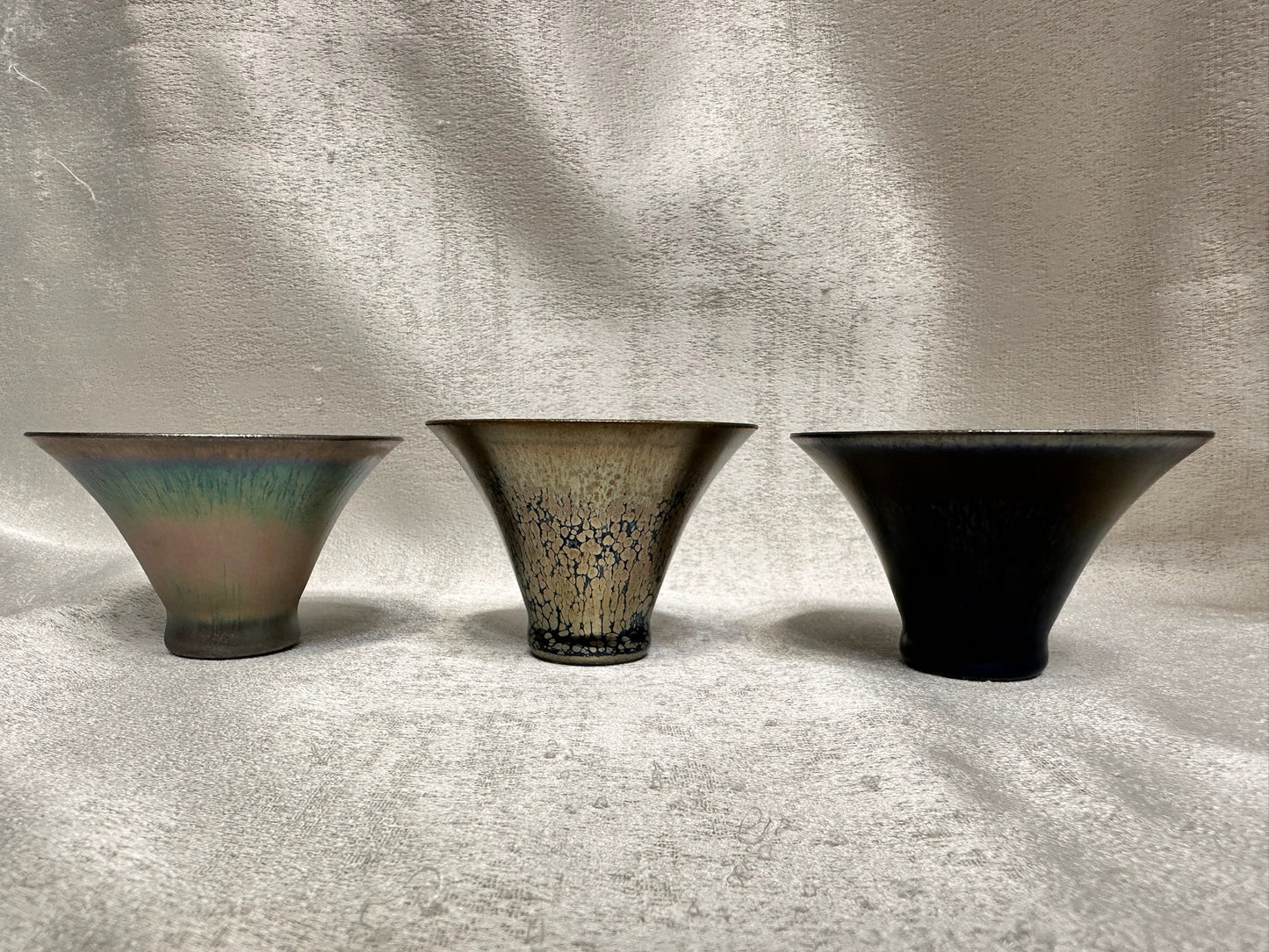 Super thin iron-rich clay body, rose gold glaze multi colored hare’s fur flared mouth shape cup