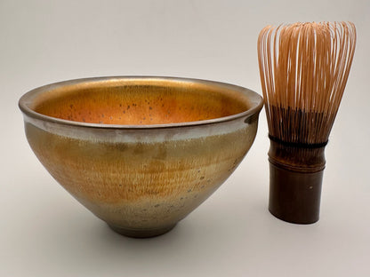 Golden Oil-droplet and Hare's fur Tied-mouth Shape Tea Bowl