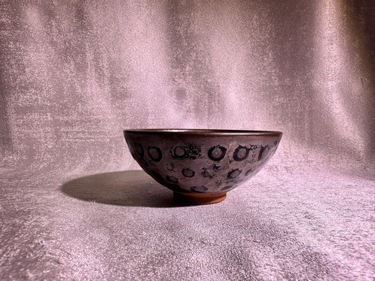 Cup10-Ox-blood red glaze with strong crystalized heaven eyes spots pattern flat mouth shape cut