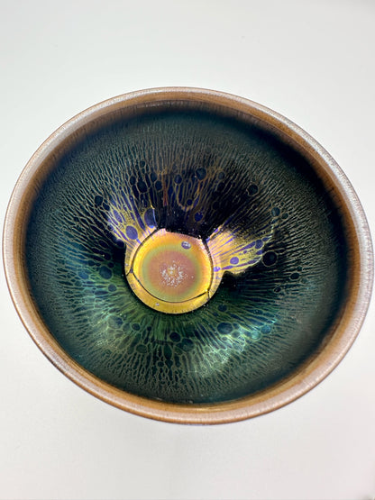 Black glaze green hare’s fur and oil droplet pattern tied mouth shape cup, LiuYouLiang