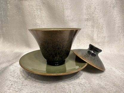 Double sided glaze, interior jade-like glaze exterior black glaze silver oil droplet 3-piece Gaiwan set