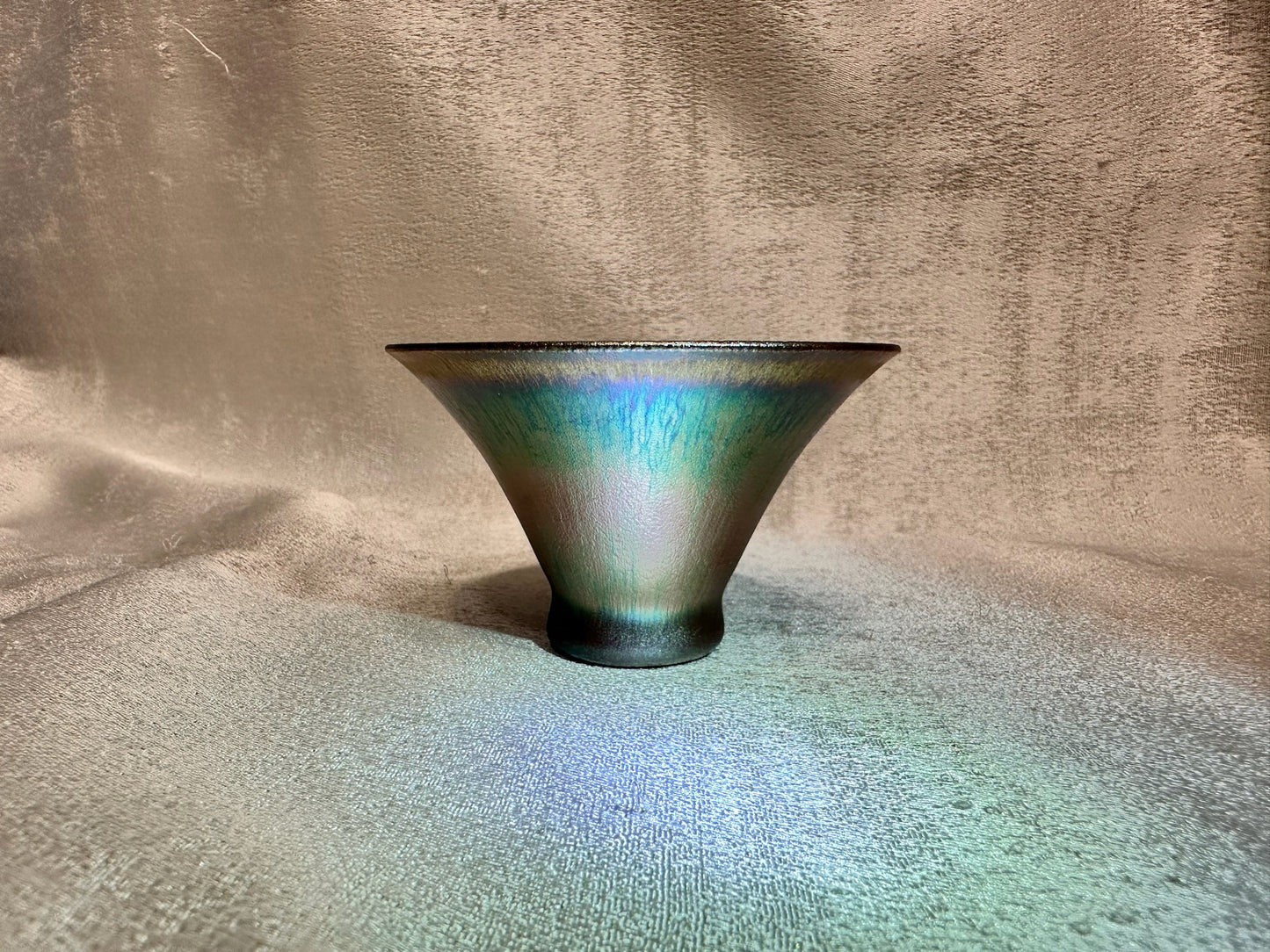 Super thin iron-rich clay body, rose gold glaze multi colored hare’s fur flared mouth shape cup