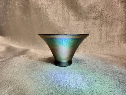 Super thin iron-rich clay body, rose gold glaze multi colored hare’s fur flared mouth shape cup