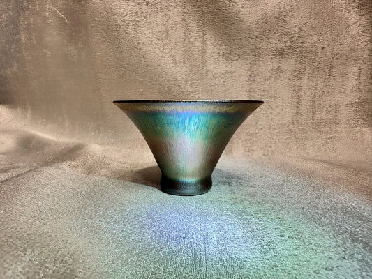 Super thin iron-rich clay body, rose gold glaze multi colored hare’s fur flared mouth shape cup