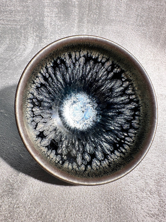 Cup15-Black gold glaze silver oil droplet flower pattern, official’s hat shape cup by YouHeDi