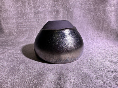 Cup22-Black glaze silver oil droplet hare’s fur pattern iridescent color monk bowl shape cap by YeShiMing