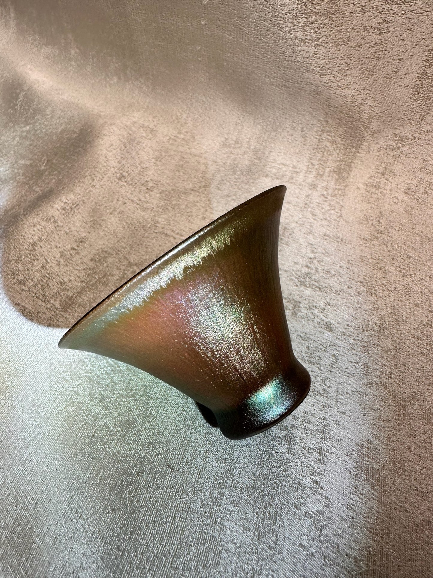 Super thin iron-rich clay body, rose gold glaze multi colored hare’s fur flared mouth shape cup